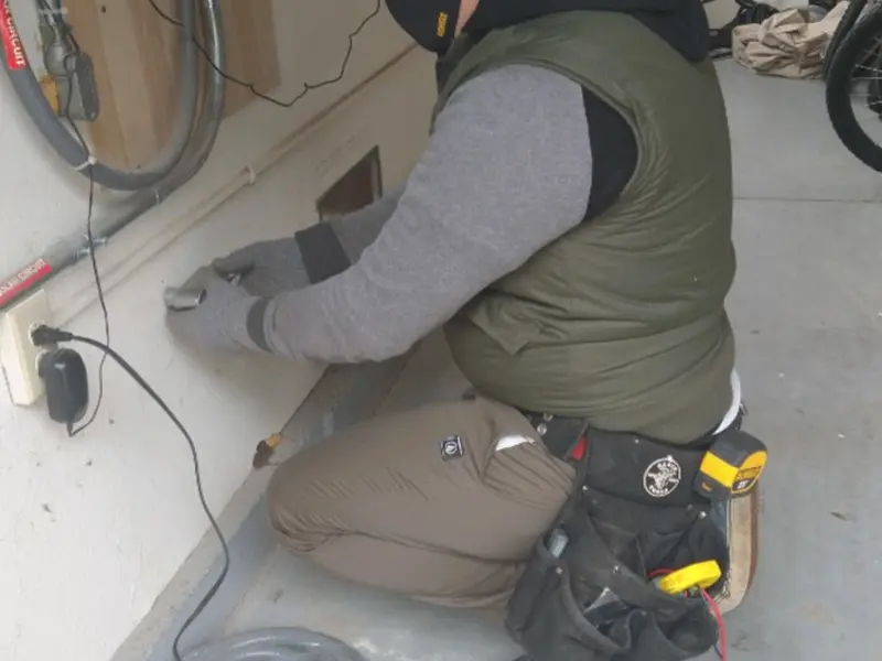 Electrician performing outlet wiring in a Tyro garage